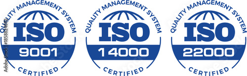Set of ISO 9001, ISO 14000, and ISO 22000 Quality Management System Certified Vector Badges