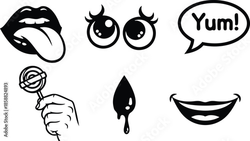 Retro cartoon sticker sheet close up bold black line lips with tongue wide eyes speech bubble yum hand holding lollipop dripping drop smiling mouth playful cheerful