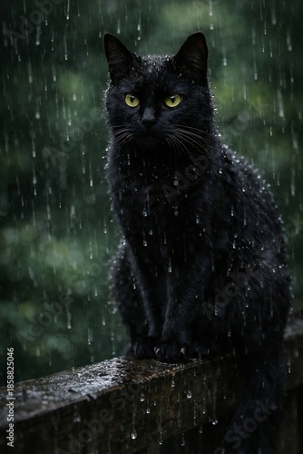 A striking black cat with vivid yellow eyes sits calmly on a weathered wooden surface as raindrops fall around it, creating a mystical and serene atmosphere