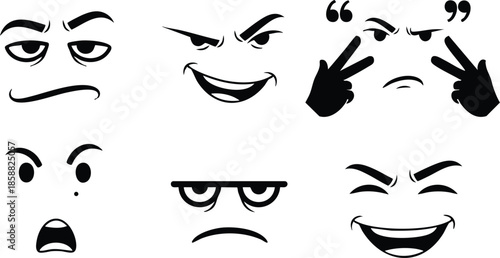 Minimalist icon close up set of six black stencil emotive faces showing smirk grin surprise frown and laugh on white background bold high contrast playful mood