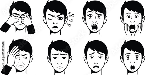 Line art emotion sheet eight male face expression icons front view close up black and white grid showing surprised sad angry confused thinking tired calm neutral