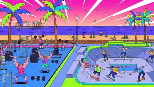 People exercising and skateboarding at beachside gym and skatepark