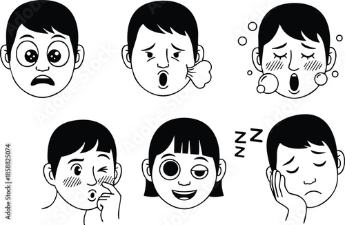 Line art close up six expressive cartoon faces showing surprise sneeze crying nose picking sleepy neutral arranged in grid on white background flat vector style simple
