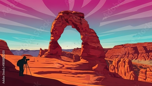Photographer capturing delicate natural arch in desert landscape
