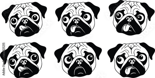 Line art close up front facing pug head icons arranged in three by two grid with varied expressions high contrast black and white vector stencil minimalist
