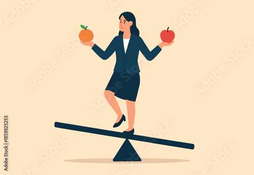 Comparison, decision to choose alternative choices, doubt or thoughtful compare good and bad things for best result, options concept, business woman compare orange and apple while balance on seesaw.