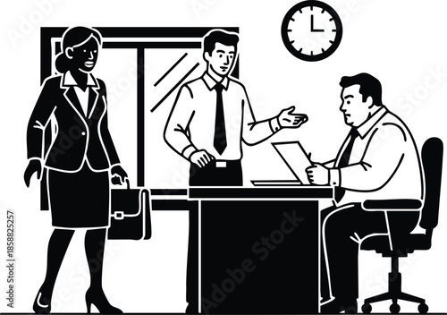 Line art vector close up office scene man handing document to seated manager while female colleague walks by carrying briefcase clock on wall business meeting formal