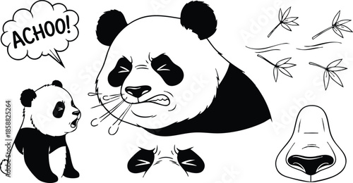 Line art panda sneezing close up with baby cub looking at camera and bamboo fragments flying nose detail black and white vector illustration playful expressive face