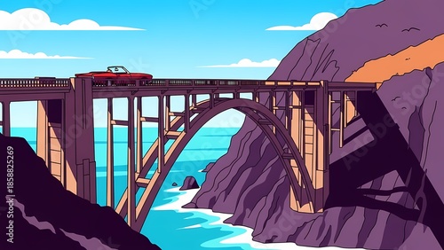 Red car crossing the bridge over ocean
