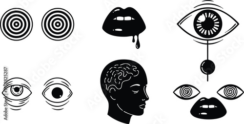 Line art close up grid of surreal eye icons lips and brain silhouette arranged for editorial and branding in stark black and white minimalist vector style