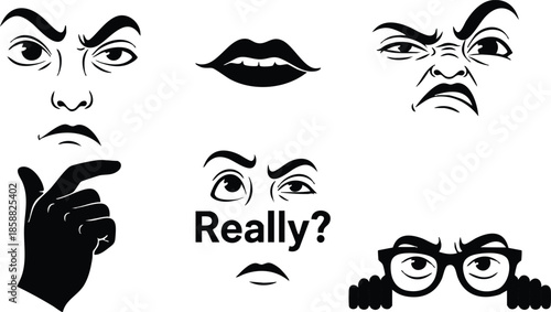 Line art vector sheet showing six black facial expression icons with hand on chin raised eyebrow pursed lips glasses and word really in skeptical thinking pose