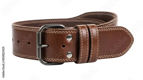 Brown Leather Belt Product Shot with Silver Buckle and White Stitching Isolated on White Background