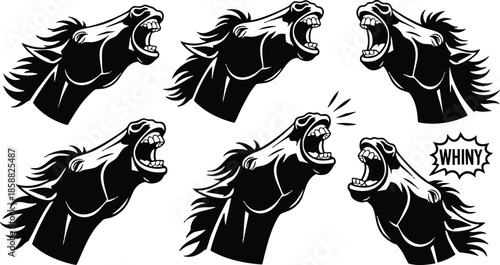 Tattoo flash close up roaring horse head set six angles open mouth bared teeth motion lines comic expression black silhouette vector logo emblems dynamic vintage aggressive