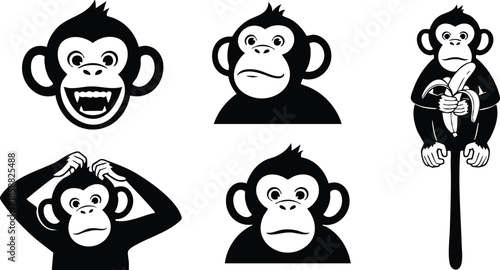 Vector monkey emoticon set showing five black and white stylized monkey faces and one full body monkey on pole front view close up simple bold graphic