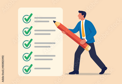 Complete checklist, correct or approval task list, productivity or efficiency compliance, perfect accomplish or task done concept, businessman hold pencil will all completed checklist finished tasks.