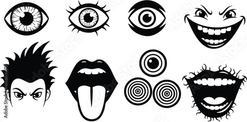 Icon set close up bold black eye and mouth emoticon silhouettes showing tongue spiral gaze toothy grin spiky hair and laughing mouths for sticker logos design