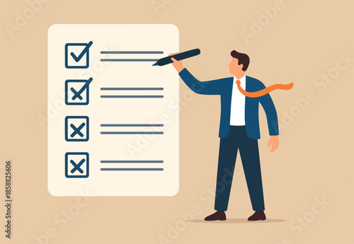 Completed checklist, finishing project tasks or work done conclusion, project management or process plan concept, smart businessman using pen to check on project list checkbox marked as completed.