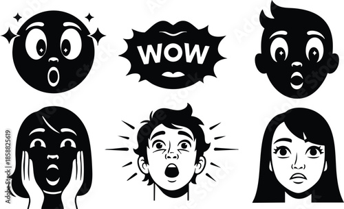Flat design close up six black and white surprised face icons with open mouths varied shocked expressions hands to face and speech bubble wow landscape layout