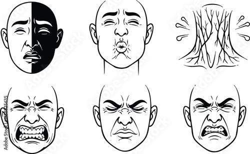 Line art expression sheet showing six frontal close up bald male face variations in comic style depicting anger shock puffed cheeks grimace and frustration black white