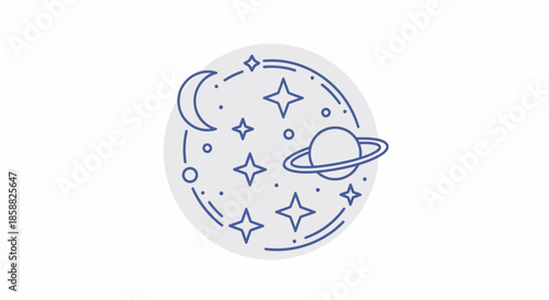 Celestial sphere illustration featuring stars, planets, and a crescent moon in a cosmic design.