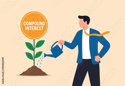 Compound interest growth, savings, investment or wealth accumulation formula, interest rate principal, profit or earning, prosperity concept, businessman watering compound interest seedling growth