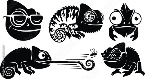 Flat design chameleon icon set showing five playful black chameleons with glasses spiral tail tongue catching fly side view high contrast vector silhouettes isolated on white