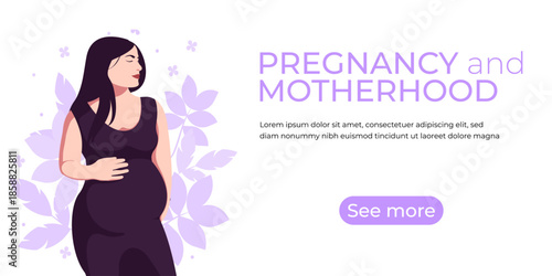 Vertical banner. A pregnant woman caresses her belly. Banner concept for pregnancy and awareness. Template.