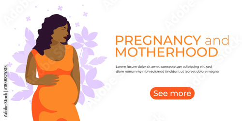 A black pregnant woman caresses her belly. Banner template for pregnancy and awareness.