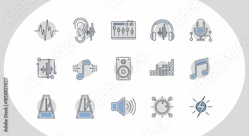 Collection of audio and music icons representing sound and recording elements.