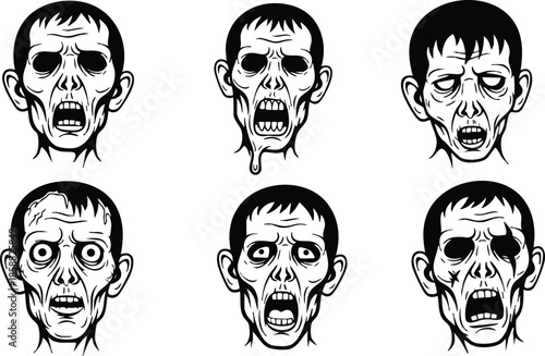 Tattoo flash sheet close up six zombie heads front view with varying mouth expressions missing flesh exposed teeth dripping saliva black and white line art eerie