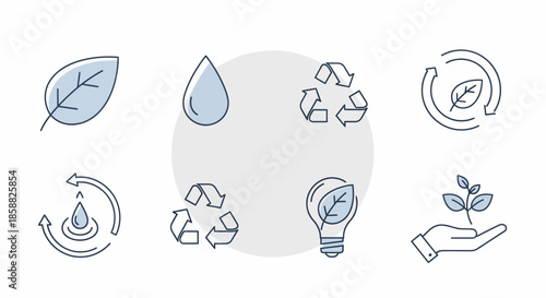 Eco-friendly icons representing nature, recycling, and environmental sustainability concepts.