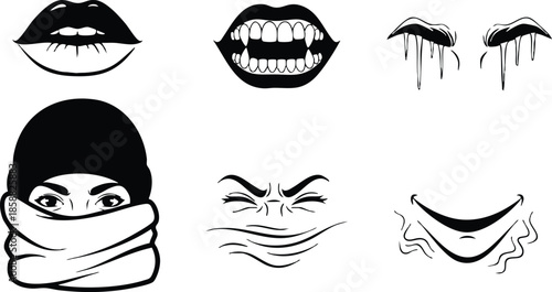 Line art close up mouth expression icon set six variations including smiling fanged dripping wrapped face squinting grin minimalist black and white front facing vector illustration