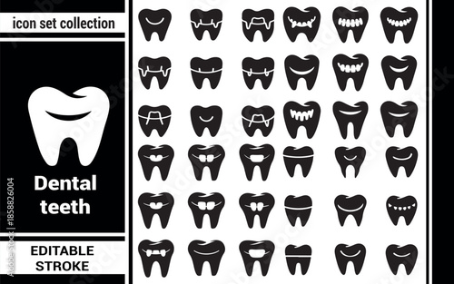 A comprehensive black and white icon set illustrating diverse dental teeth conditions and health
