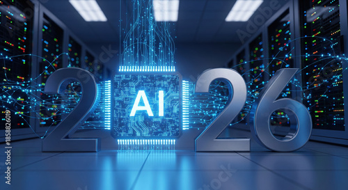 2026 New Year text with glowing AI microchip inside modern server room with racks and blinking network lights. artificial intelligence, technology, data processing and machine learning concept