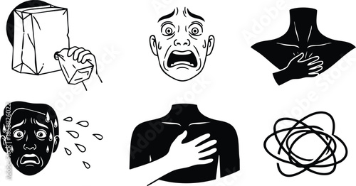 Line art front view anxiety and panic icon set showing bag suffocation sweating choking hand on chest tangled thought stress symbols monochrome simple minimalist medical warning
