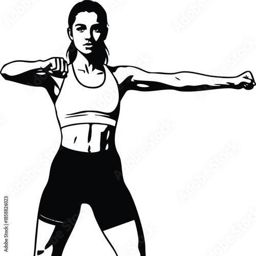 Line art high contrast side view athletic woman punching with arms extended in boxing pose wearing black sports bra minimal vector illustration dynamic strong confident stance