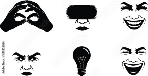 Silhouette icon set close up expressive faces with covered eyes laughing and angry expressions and central light bulb idea isolated on white background bold high contrast