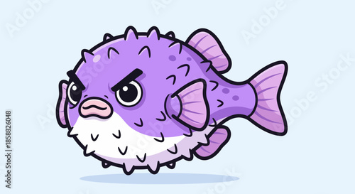 Angry Purple Pufferfish Cartoon Character Illustration.