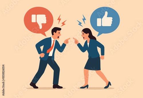 Conflict and argument between colleagues, controversy or difference opinion, disagree, confrontation or rivalry fighting concept, businessman and woman furious arguing on difference thumb up and down