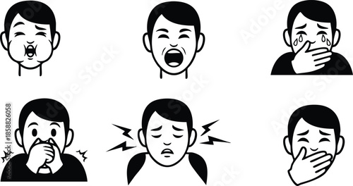 Flat icon set close up male face showing cough sneeze cover mouth hand over mouth earache expressive medical symptom icons front view black simple monochrome silhouette