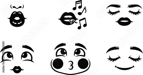 Line art close up expressive face icon sheet showing six mouth eye and cheek expressions in bold black vector minimal sticker set for user interface design