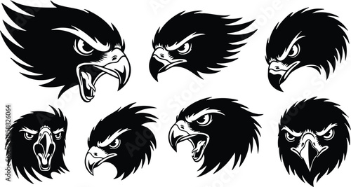Tattoo flash eagle head collection showing snarling and screaming beaks in various side and front angles for sports mascot badge and logo design bold black silhouettes