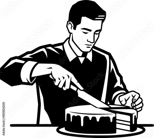 Monochrome illustration of a man meticulously cutting a cake wit
