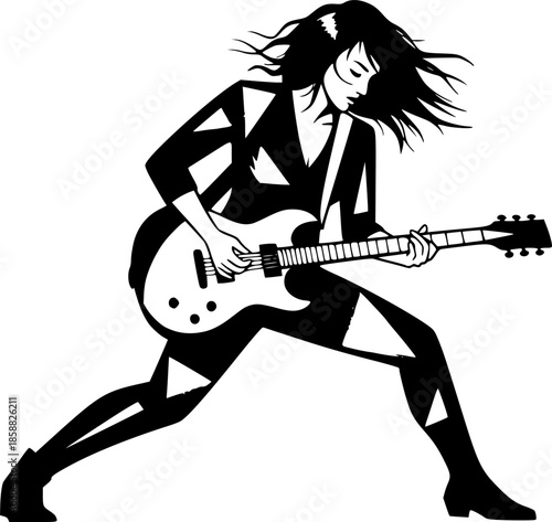 Silhouette of female guitarist in sumi-e style performing intens
