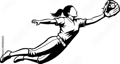 Focused softball player catches ball mid-air in minimalist Sumi-
