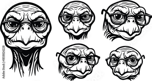 Line art close up extraterrestrial head wearing round glasses looking at camera five expression variations isolated on white background ink sketch portrait front view three quarter