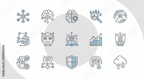 Collection of Artificial Intelligence and Technology Icons for Digital Design.