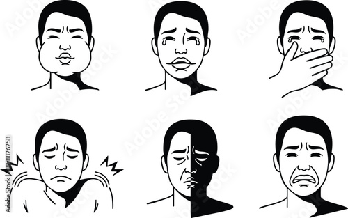 Line art front view male face set showing six emotional expressions including whistling worried covering mouth shrugging shoulders half shadow and crying minimal high contrast icons