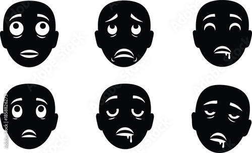 Flat design icon set of six expressive black face silhouettes showing nausea drooling fatigue sadness and illness with white eyes mouths front view isolated transparent background