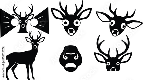 Minimalist vector deer head icon set showing stag face three quarter and profile views with antlers and standing silhouette on white background bold black simple flat